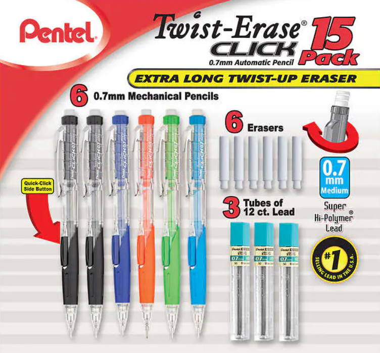 Pentel Twist-Erase Click Mechanical Pencil, 15 Count