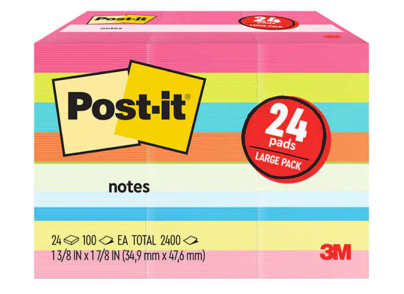 Post-It Self-Stick Notes 1.5"x2", Assorted Colors, 24 Count Mini Size