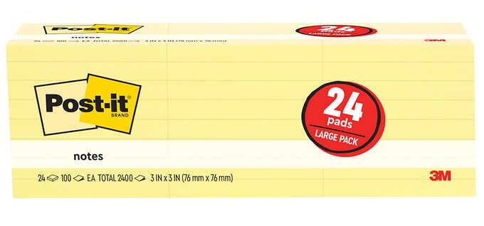 Post-It Self-Stick Notes 3"x3", Canary Yellow, 24 Count
