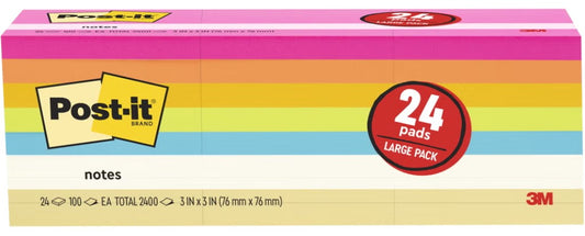 Post-It Self-Stick Notes 3"x3", Assorted Bright Colors, 24 Count